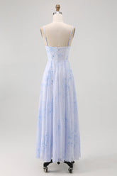 Blaues Geblümtes Spaghettiträger Chiffon A-Linie Brautjungfernkleid